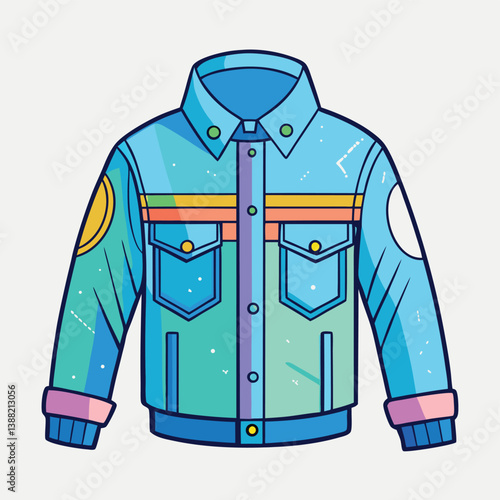 Stylish vector illustration of a colorful denim jacket with graphic elements and a modern design suitable for fashion themes