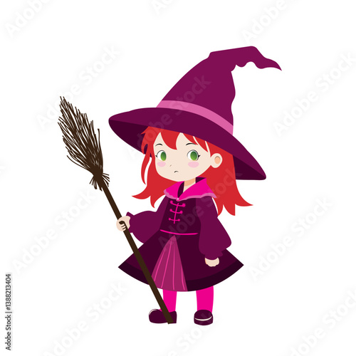 Cute little girl in witch costume with broom vector Illustration on a white background.