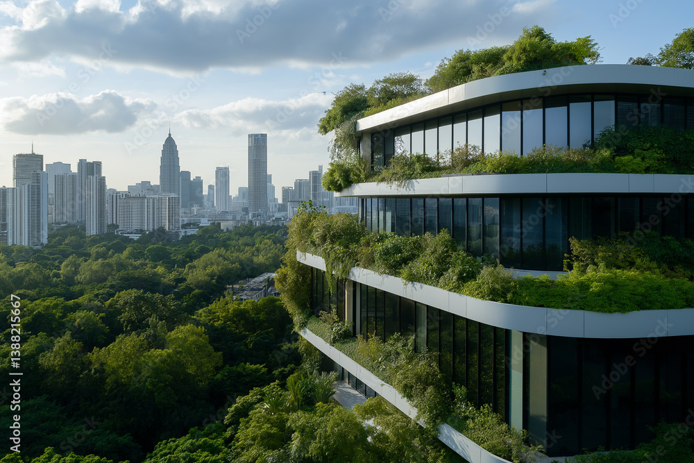 A tall building with a green roof and a city in the background A tall building with a green roof and a city in the background