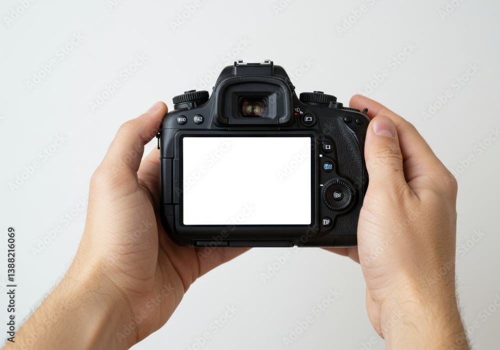 Hands holding DSLR camera with blank white screen and realistic detail isolated on white background Hands holding DSLR camera with blank white screen and realistic detail isolated on white background