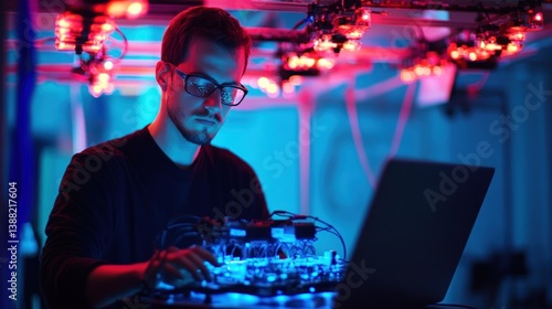 Man Analyzing Electronic Circuitry with Laptop in a Futuristic Lab