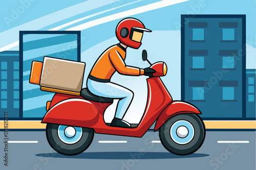 Delivery rider navigating through an urban landscape on a red scooter while carrying a package during the daytime