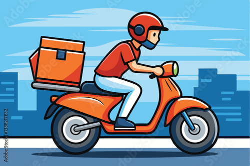 Delivery rider navigating through an urban landscape on a red scooter while carrying a package during the daytime