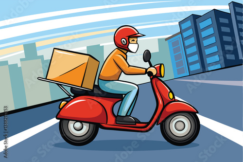Delivery rider navigating through an urban landscape on a red scooter while carrying a package during the daytime