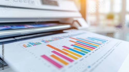 A close-up of a printer with a printed document displaying colorful bar graphs, highlighting data analysis in a bright office environment.