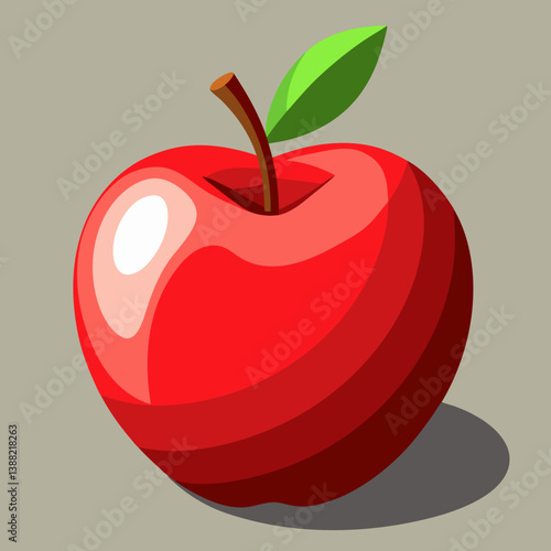 A red apple with a shiny surface and a vibrant green leaf attached to its stem.