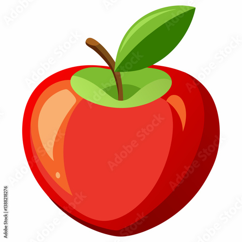 A red apple with a shiny surface and a vibrant green leaf attached to its stem.