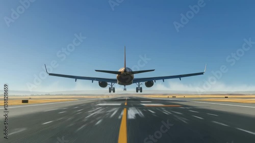 Low Angle View of Airplane Landing Gear Approaching Runway Under Bright Sunny Sky