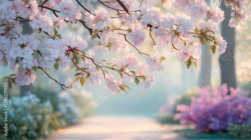 Pastel Spring Scene with blossoming trees