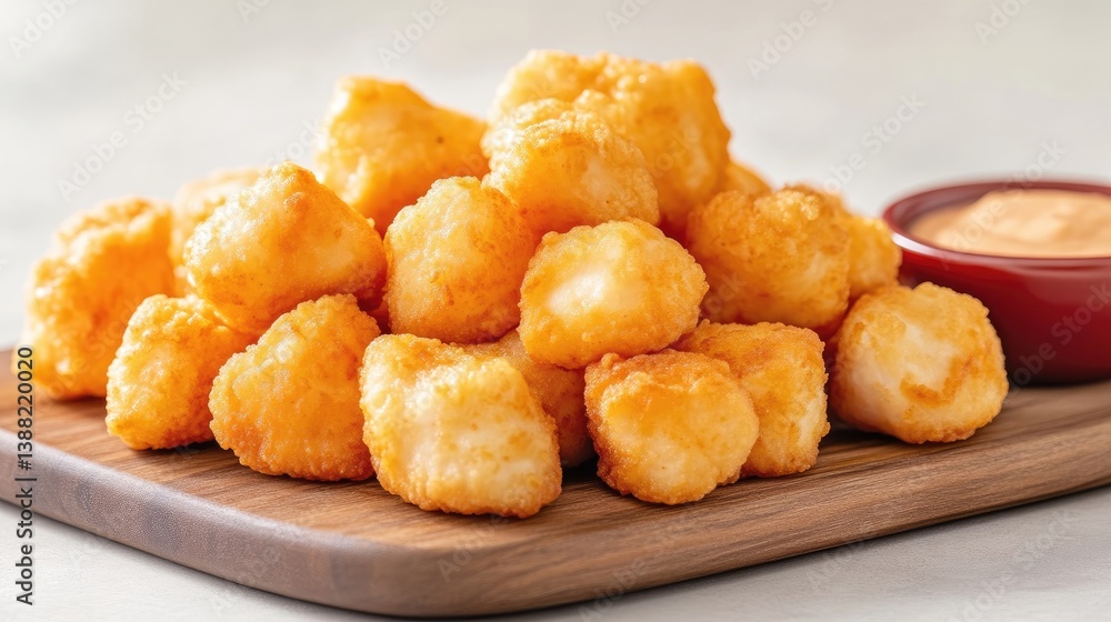 A pile of golden-brown, crispy potato tots sits on a wooden board. A small bowl of dipping sauce is nearby. The image is well-lit, high-resolution, and shows a visually appealing food presentation. A pile of golden-brown, crispy potato tots sits on a wooden board. A small bowl of dipping sauce is nearby. The image is well-lit, high-resolution, and shows a visually appealing food presentation.