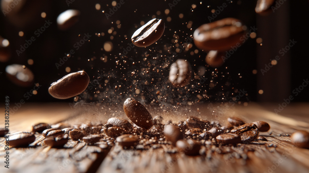 3D visual of hot espresso with roasted beans on a wooden background 3D visual of hot espresso with roasted beans on a wooden background