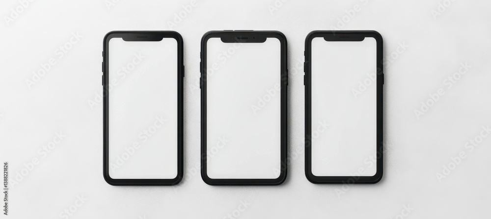 Three Blank Black Smartphones on a White Surface Three Blank Black Smartphones on a White Surface