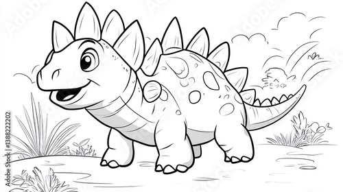 Fototapeta Naklejka Na Ścianę i Meble -  Cute cartoon dinosaur coloring page, prehistoric landscape background, for kids, educational