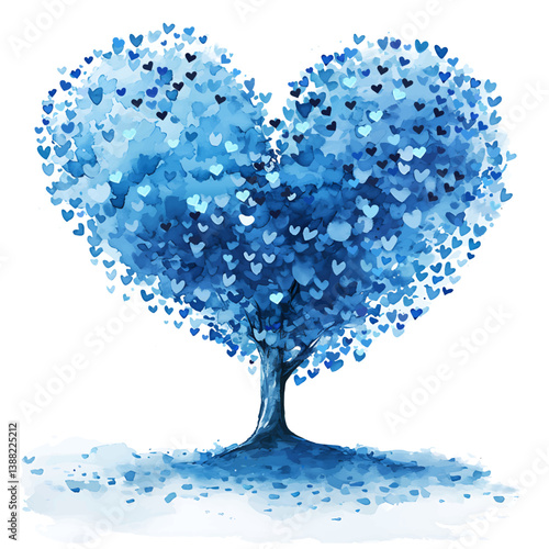 Baum aus blauen Herzen, aquarell Vektor Illustration isoliert auf weißem Hintergrund. Konzept symbolisch für wachsende Liebe und friedliche Verbindung zwischen Menschen, Zusammenhalt und Vertrauen.