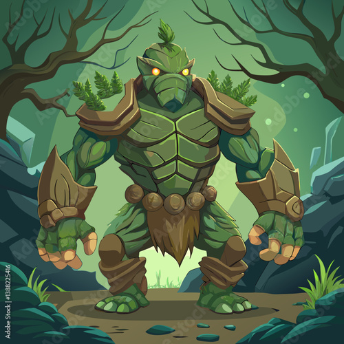 A colorful cartoon monster with big eyes and sharp teeth stands among tall trees in a vibrant green forest.