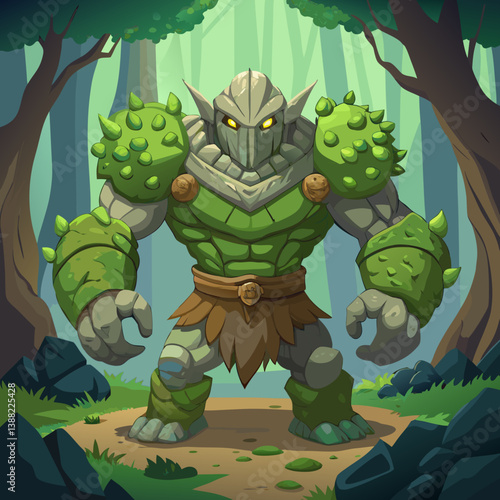 A colorful cartoon monster with big eyes and sharp teeth stands among tall trees in a vibrant green forest.