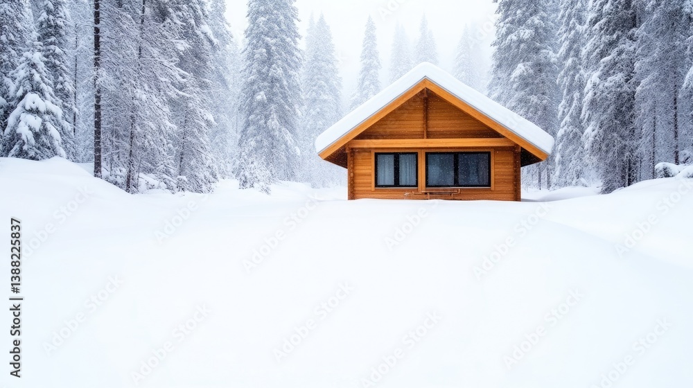 Naklejka premium A snow-covered, wooden cabin sits in a snowy forest. The cabin is small, with a gabled roof and large windows. Its set against a backdrop of snow-laden evergreen trees. The image is high-quality, wi