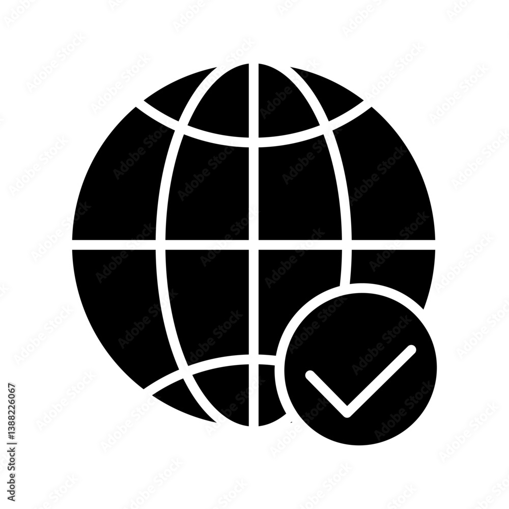 Globe and check mark icon. Check mark globe icon. Replaceable vector design. Globe and check mark icon. Check mark globe icon. Replaceable vector design.