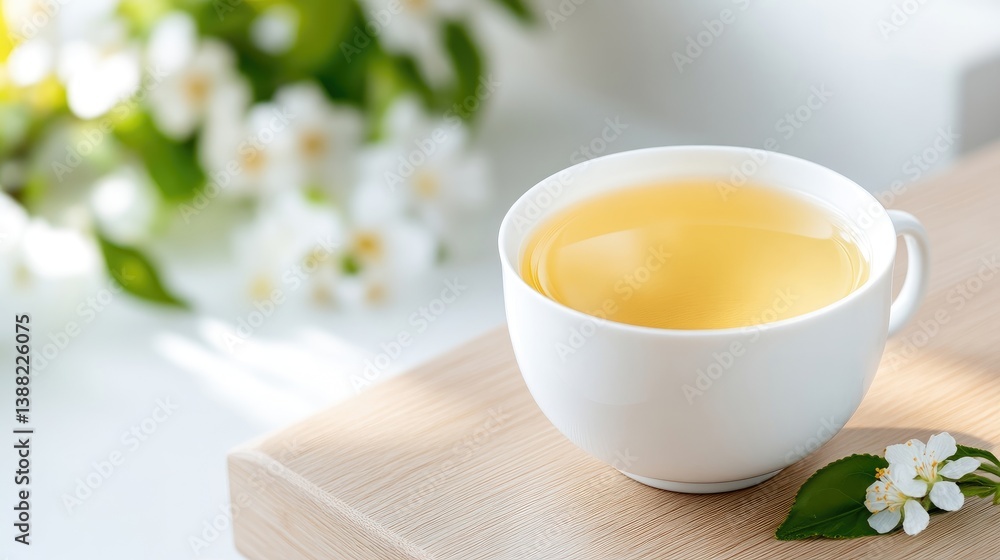 A white teacup filled with light yellow tea sits on a light wood surface. Softly blurred white flowers are in the background. The image is high-quality, with natural lighting. The style is calming a A white teacup filled with light yellow tea sits on a light wood surface. Softly blurred white flowers are in the background. The image is high-quality, with natural lighting. The style is calming a