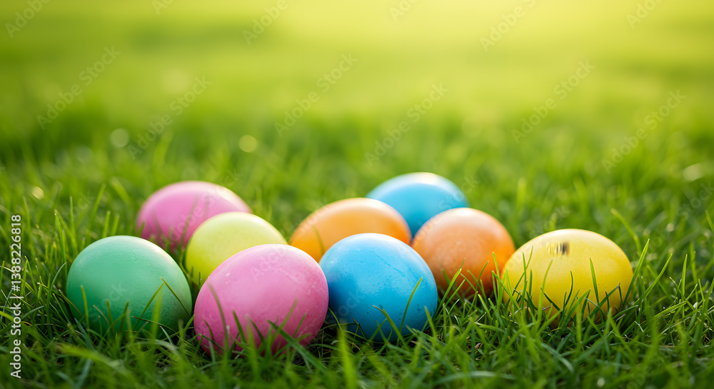 Colorful Easter eggs in green grass under bright spring sunlight, shallow depth of field, nature setting, cheerful mood, high-resolution photo. Colorful Easter eggs in green grass under bright spring sunlight, shallow depth of field, nature setting, cheerful mood, high-resolution photo.