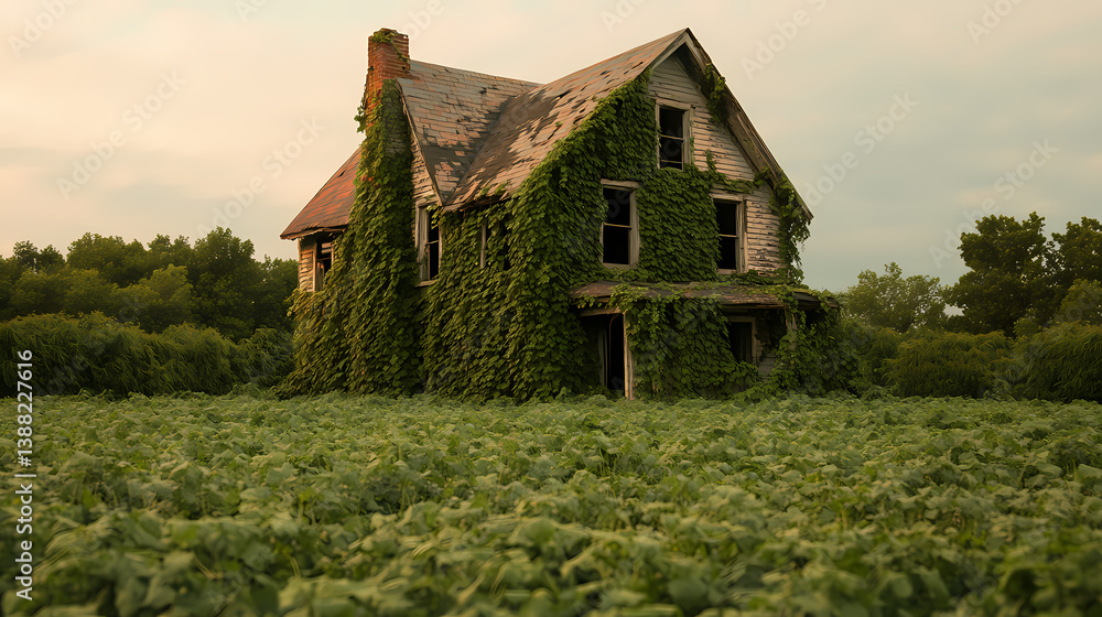 Obraz premium Abandoned house slowly being swallowed by climbing green vines. Swallowed Past. Illustration