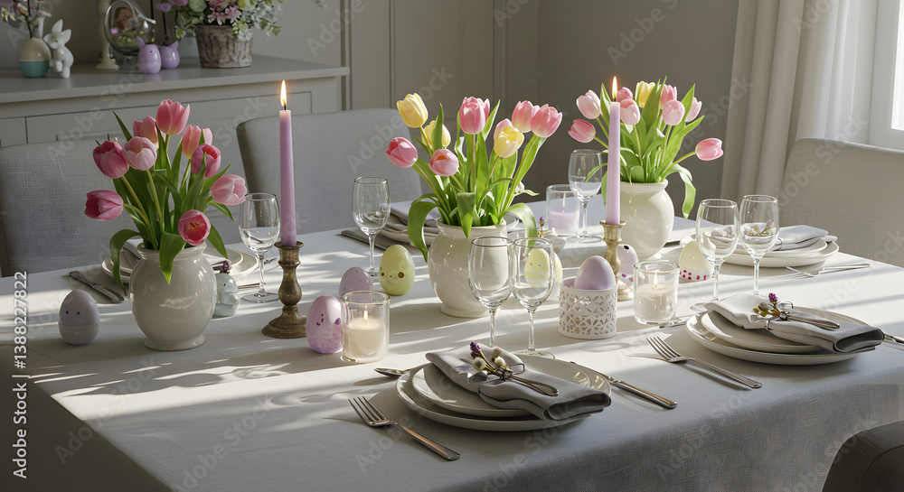 Fototapeta premium Elegant Easter table setting with pastel-colored decorations, candles, and tulips, natural window light, cozy atmosphere, interior design.