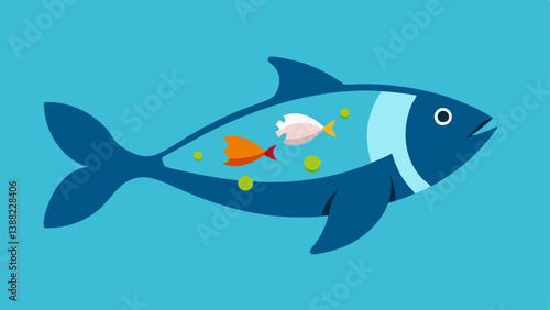 Fish with Plastic Bits in Stomach A fish is open showing bits of plastic waste in its stomach highlighting the issue of microplastics entering the food chain.