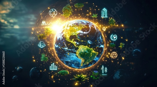 A glowing Earth surrounded by thriving ecosystems, clean energy icons, and futuristic communities, emphasizing planetary health and sustainability.
