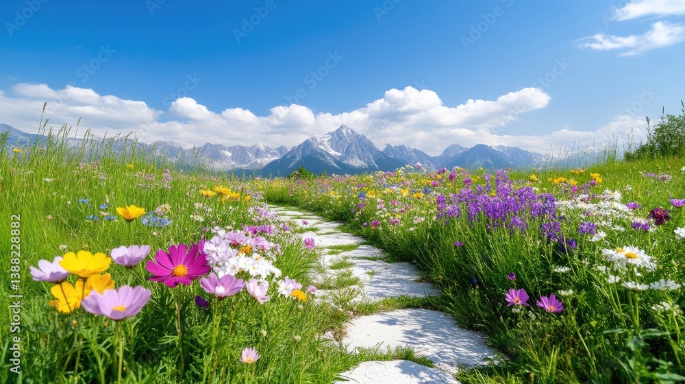 Obraz premium Mountain Wildflower Meadow Path Vibrant Nature Style High-resolution, sharp focus Landscape wide shot Blooming flowers Summer Hiking idyllic bright Sunny, cheerful Tourism promotion