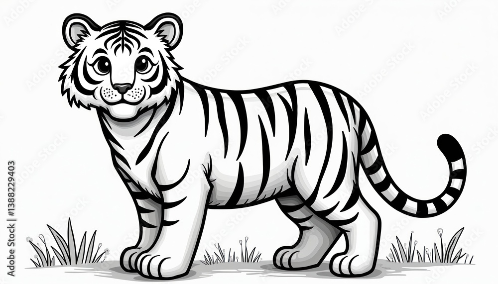 Fototapeta premium Cute tiger illustration for kids coloring pages, design. Simple outline drawing with black and white stripes. Cartoon animal, wild cat character for children. Easy print, book page for fun activities.