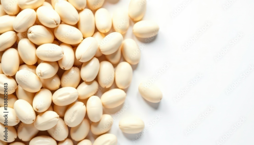 Pile of white beans against bright white backdrop, culinary art, agricultural product