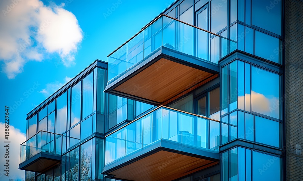 Fototapeta premium Modern Architecture with Glass Balconies against a Bright Blue Sky