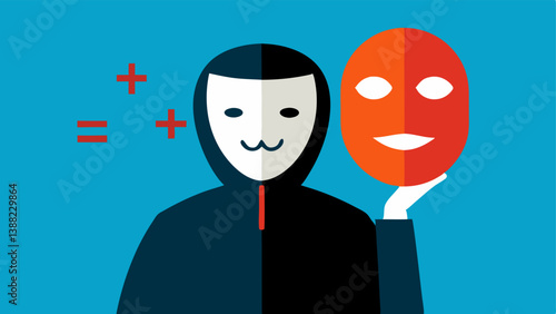 Mask of Deception A person holding a mask in front of their face with a calculating expression illustrating the façade and duplicity of Machiavellian traits.
