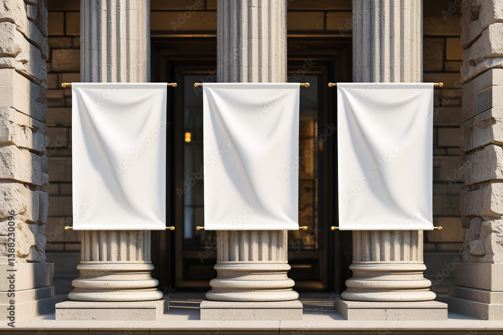 Three vertical fabric banner mockup hanging outside of building for art placement Three vertical fabric banner mockup hanging outside of building for art placement