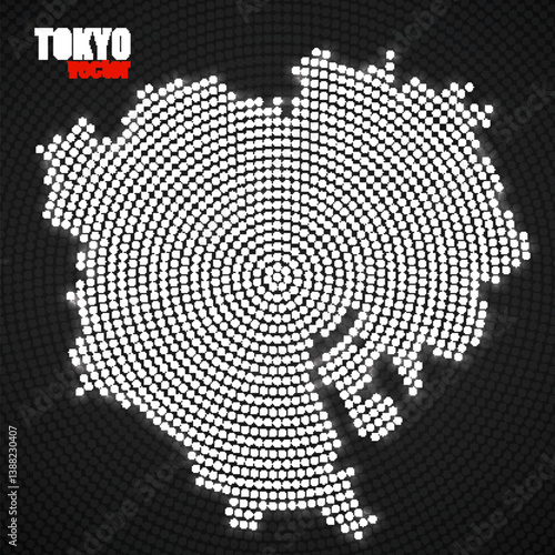 Abstract map Tokyo of glowing radial dots, halftone concept. Vector illustration