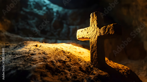 Stone cross bathed in warm light against a dark, textured background. Symbol of faith and endurance in a cave setting. Hope in darkness, solid form.