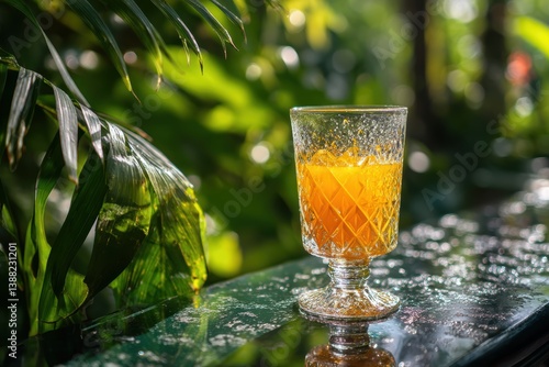 Sparkling Orange Drink in Crystal Glass Amidst Lush Tropical Garden Setting for Luxury Outdoor Design