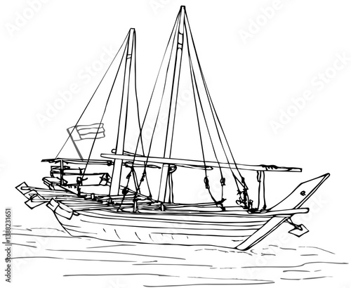 Large deep-sea traditional two-masted Arab Dhow boat in the Persian Gulf. A linear drawing of three separate objects: boat pearl fishermen, waves and flag