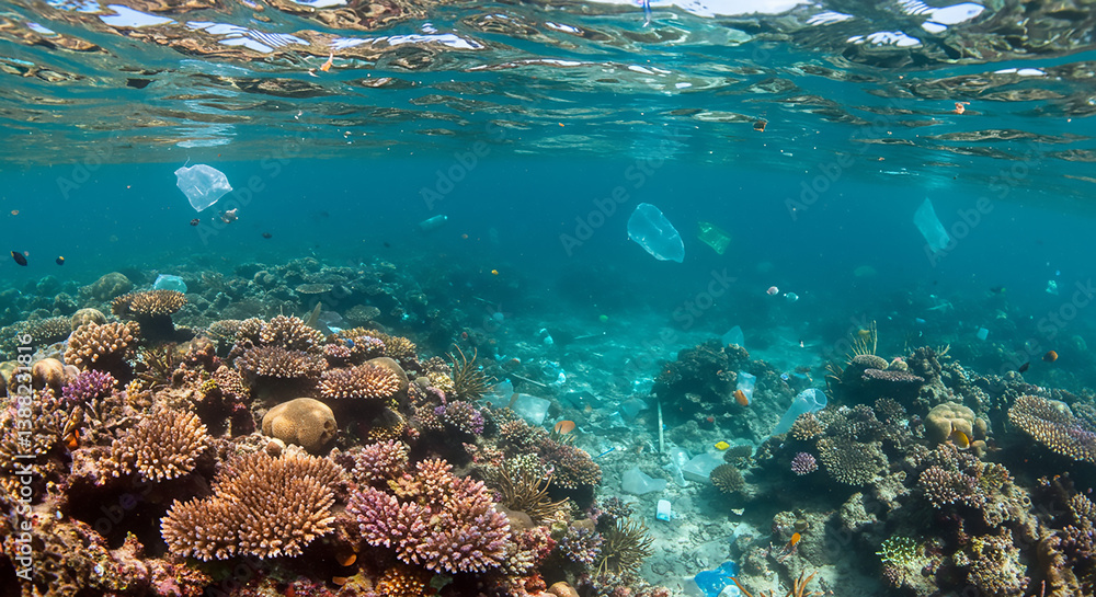 Underwater view of coral reef with plastic pollution and various fish species swimming around it Underwater view of coral reef with plastic pollution and various fish species swimming around it