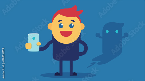 Fake Happiness Show a character forced to smile while holding a phone showing a perfect influencer lifestyle with a shadow looming that represents their true feelings of sadness.