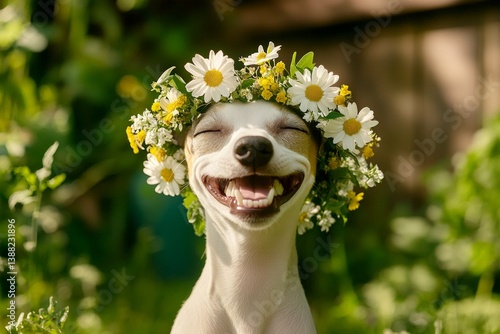 Cute baby dog whippet wearing free flower circlet on its head. Sunny daylight. Warm season happiness. Sunny outdoor happiness for dogs. Joyful dogâ€™s holiday experience. Puppy exploring natur.