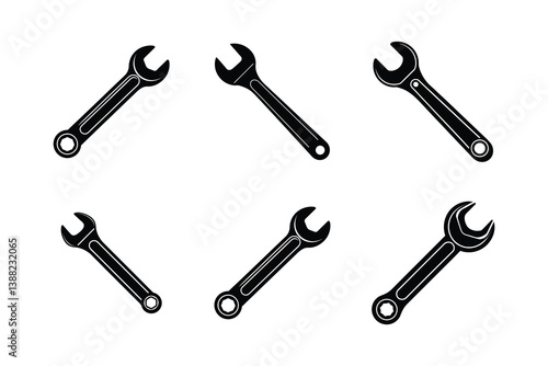 A collection of six black wrench icons, displayed against a white backdrop. These simple, vector illustrations are perfect for DIY, repair, or maintenance related projects.