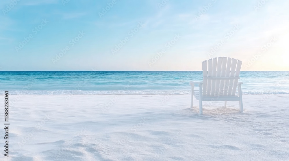 A white adirondack chair sits on a pristine beach. The ocean is calm and blue, forming a tranquil background. The image is high-quality with soft lighting, creating a peaceful mood. The style is min A white adirondack chair sits on a pristine beach. The ocean is calm and blue, forming a tranquil background. The image is high-quality with soft lighting, creating a peaceful mood. The style is min
