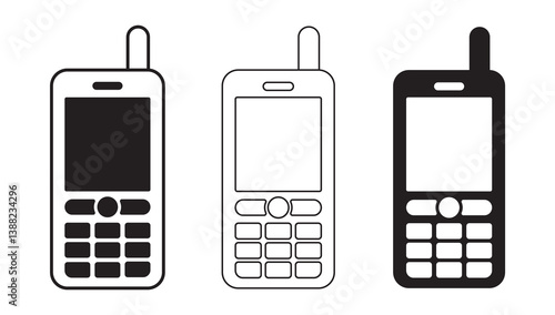 An old model of a cell phone with buttons and antenna. A set of classic retro mobile phones. Wireless connection. EPS 10. Vector illustrations