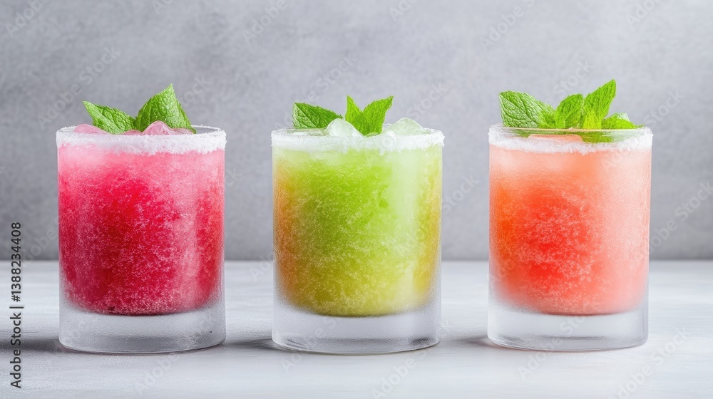 Three colorful frozen cocktails with mint garnish in clear glasses on a neutral background, and vibrant and refreshing summer drinks concept. Three colorful frozen cocktails with mint garnish in clear glasses on a neutral background, and vibrant and refreshing summer drinks concept.