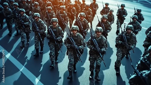 Wallpaper Mural Soldiers marching in formation during a military parade on a city street at sunset Torontodigital.ca