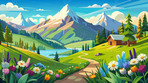 Idyllic mountain scenery in the Alps with blooming meadows in springtime