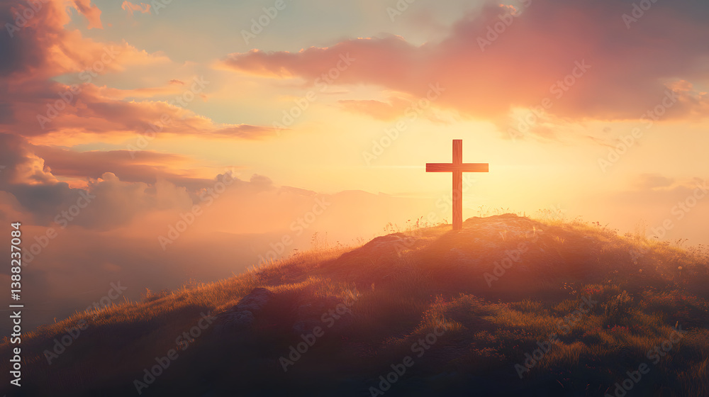 Obraz premium Hilltop Cross at Sunset: A serene scene of a wooden cross silhouetted against a vibrant sunset on a grassy hilltop, radiating hope and peace.