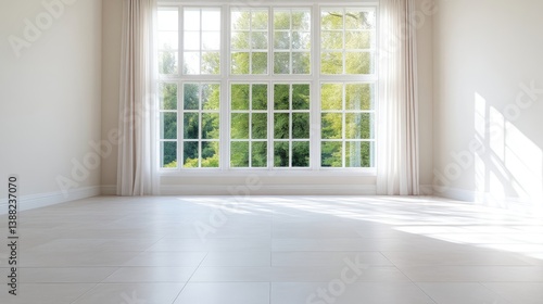 A large window dominates this bright room, showcasing lush green trees outside. White curtains flank the window, and the floor is light-toned tile. The image is high-quality, with natural light crea