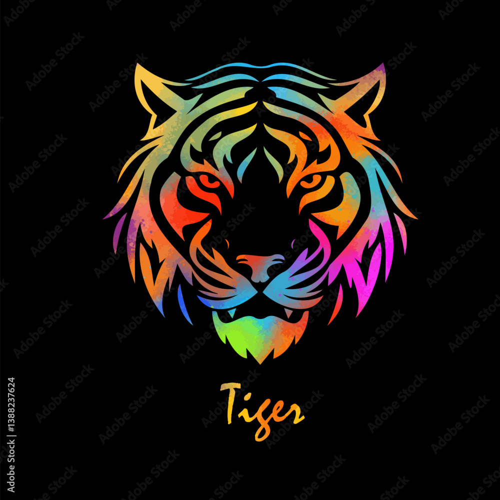 Tiger colored head on black background. hand drawing. Not AI, Vector illustration. Tiger colored head on black background. hand drawing. Not AI, Vector illustration.